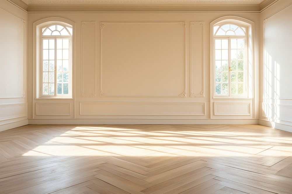 A room interior with large window flooring wood architecture.