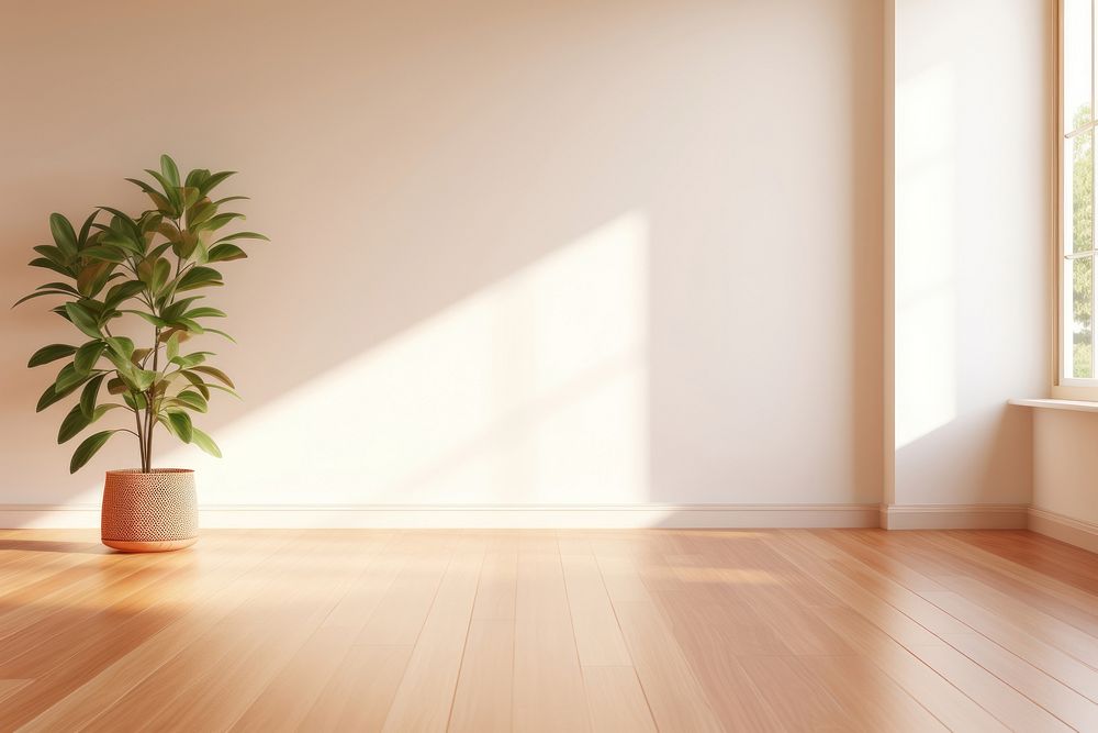 A room interior with large window flooring hardwood shadow.
