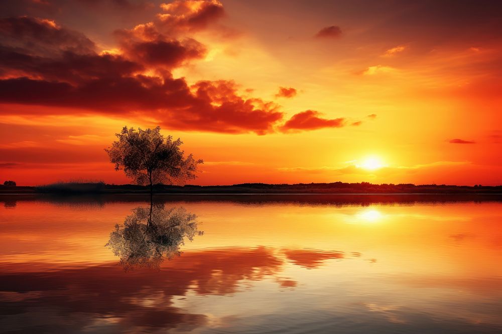 Sunset lake landscapes sunlight outdoors horizon.