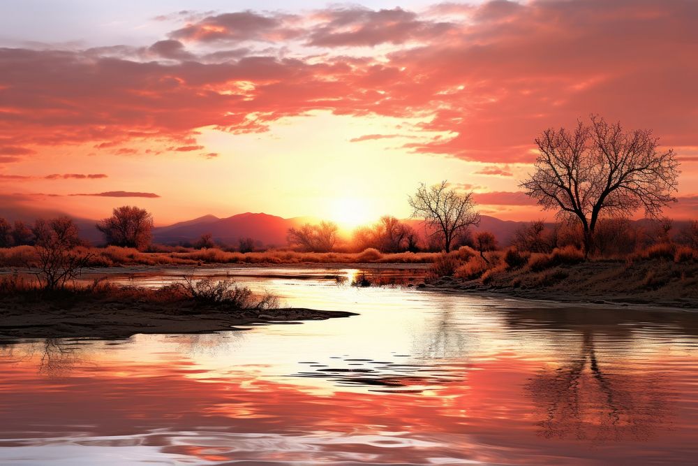 Sunset river landscapes outdoors nature dawn.