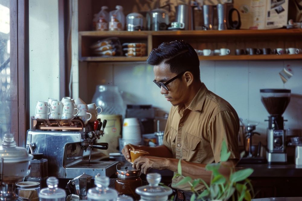 Thai barista making latte art coffee glasses adult food.