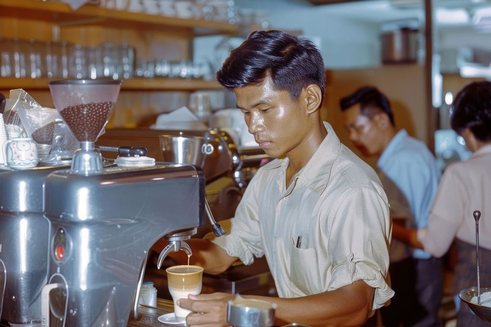 Thai barista making latte art coffee restaurant adult refreshment.
