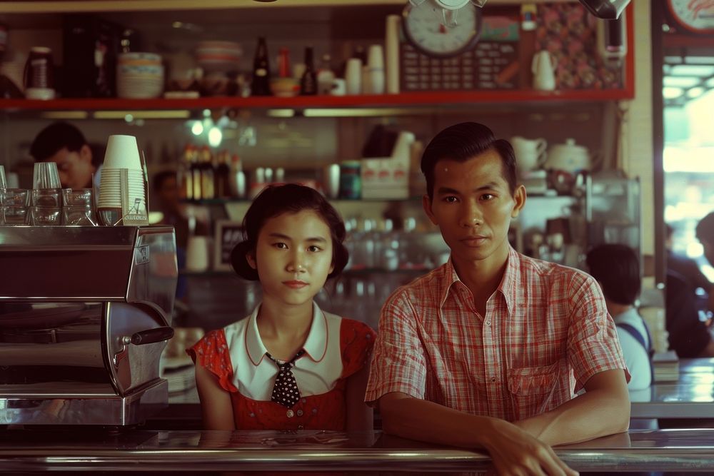 Thai man and girl restaurant portrait photo.