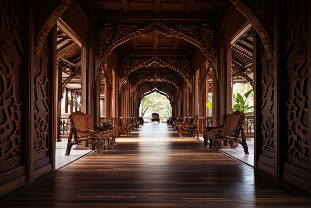 Wood architecture Thai tradition building corridor flooring.