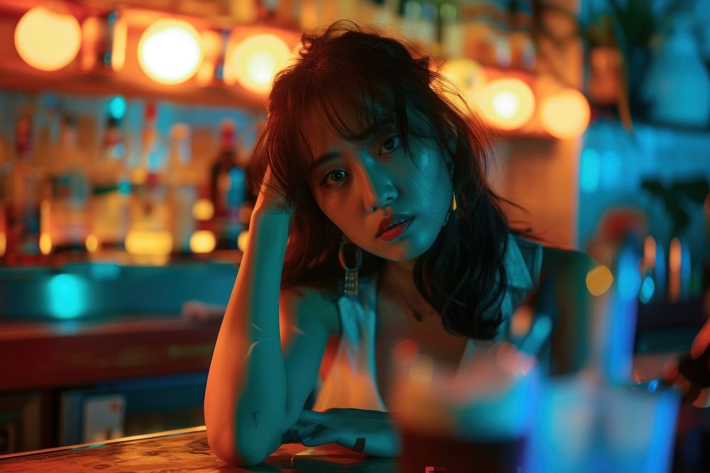 Young asian woman photography nightlife bartender.