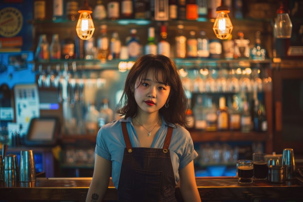 Young asian woman bar bartender illuminated.