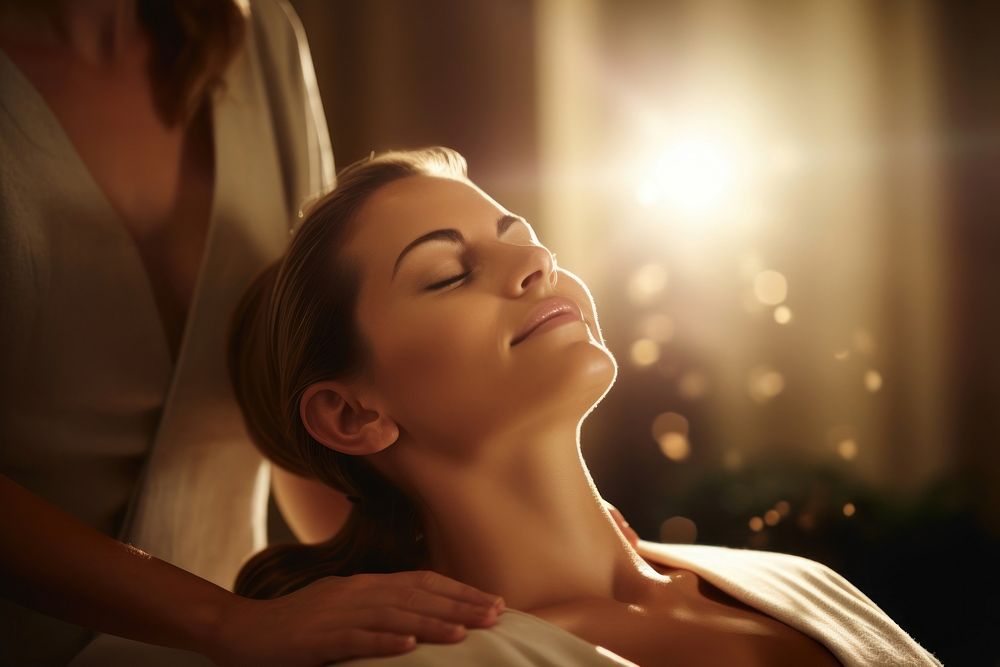 Woman doing neck massage therapy adult woman spa.