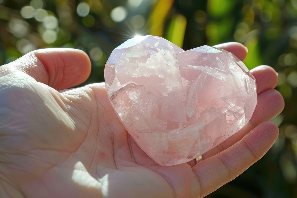 Rose quartz outdoors crystal finger.