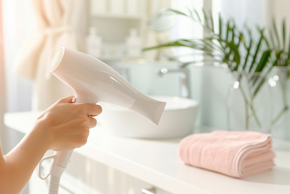 Person holding hair dryer hand housework appliance.