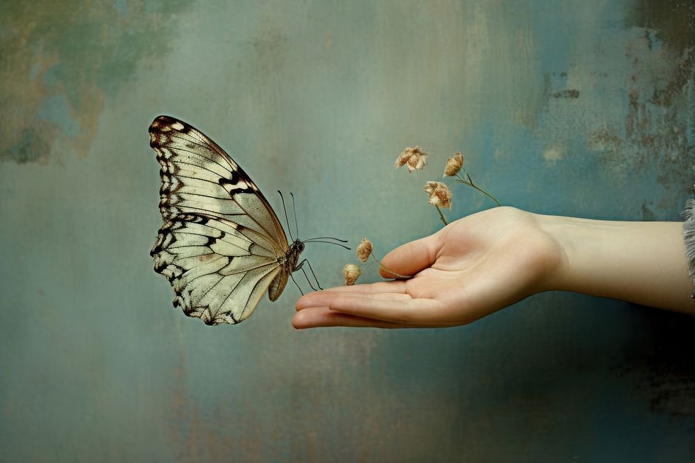 Hand holding butterfly animal insect nature.