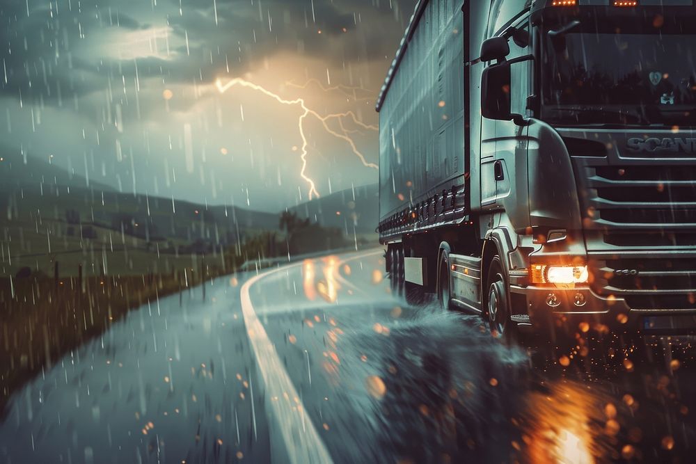 Truck driving on road vehicle outdoors rain.