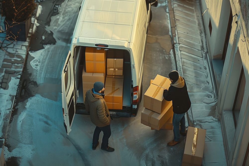 Two men loading boxes cardboard vehicle van.