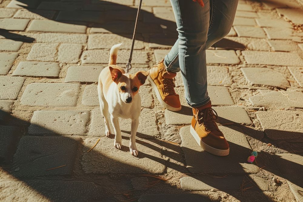 Woman with small dog walking footwear animal.