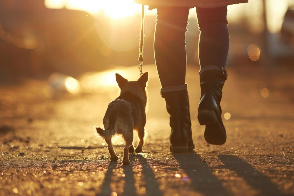 Man with small dog walking mammal animal.