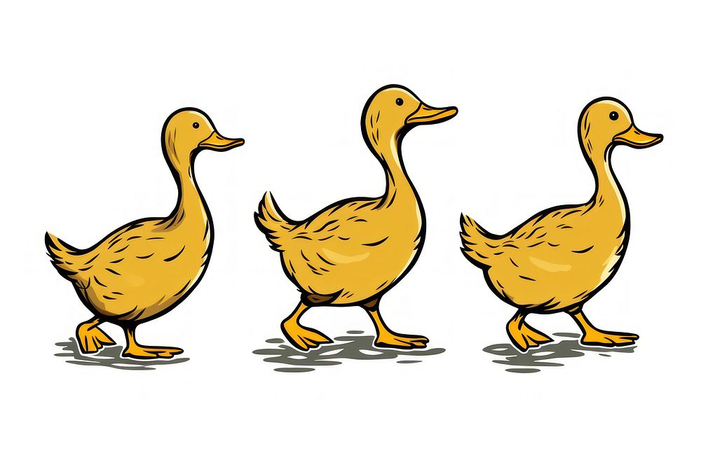 Yellow three duck walking cartoon drawing animal.