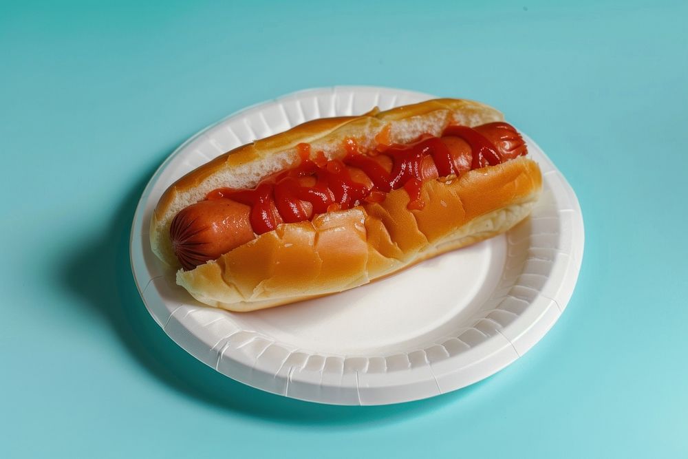 Hot dog ketchup plate food.