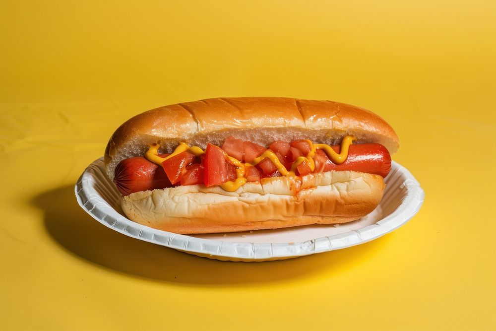 Hot dog yellow plate food.
