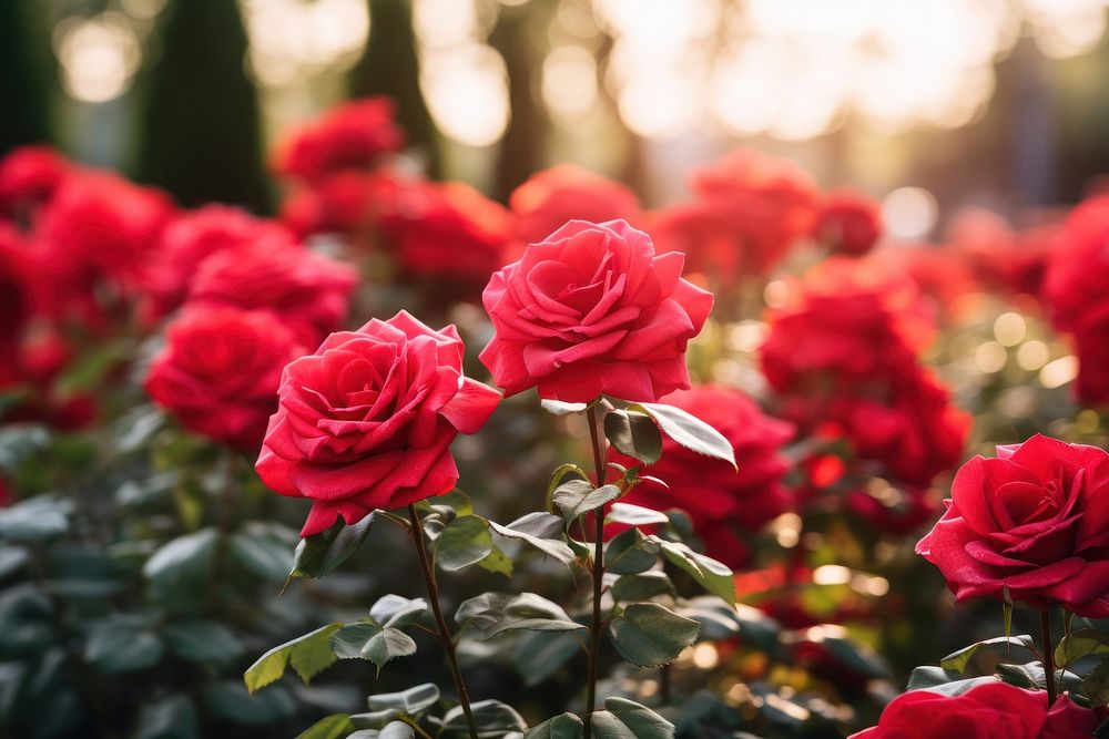 Red rose bushes outdoors blossom flower.