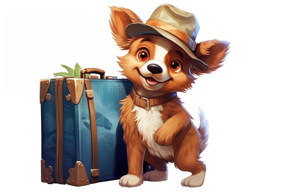 Dog character traveling suitcase cartoon mammal.