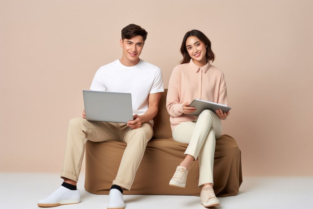 Young couple computer laptop furniture.