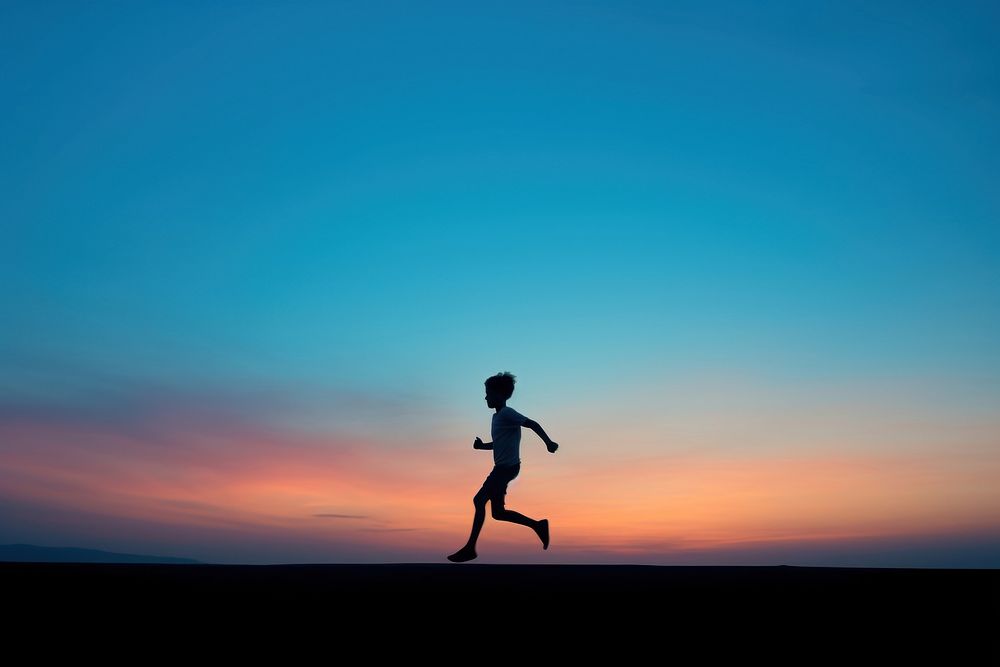 Kid running silhouette photography blue sky tranquility.
