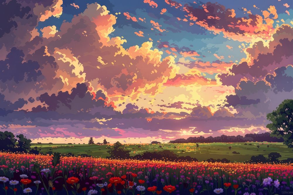 Landscape flower field sky.