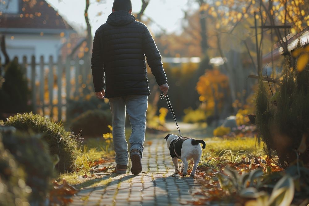 Man with small dog walking animal mammal.