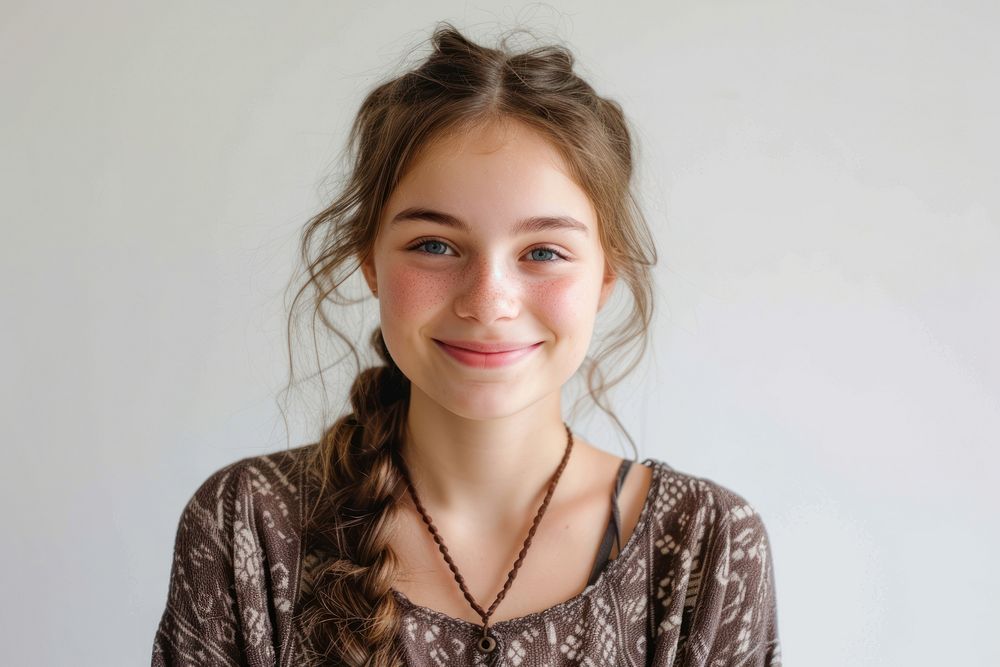 Young girl cheerful portrait necklace smiling.