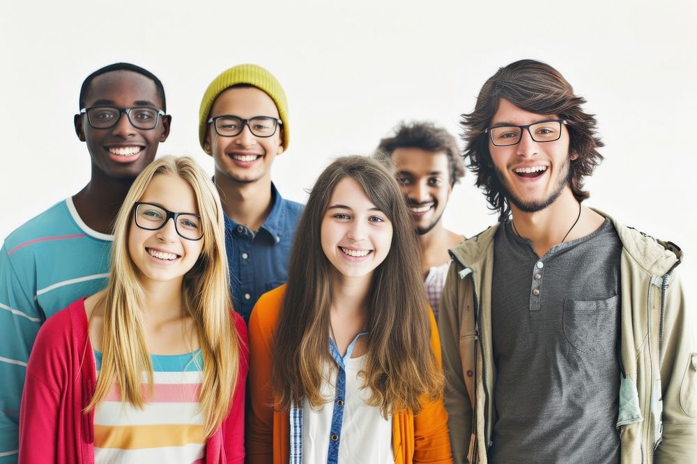 Multiracial group of young people standing in front laughing community glasses.