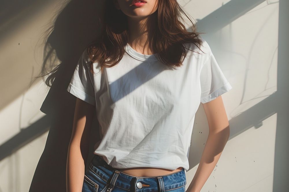 White T-shirt and blue jean t-shirt sleeve blouse.