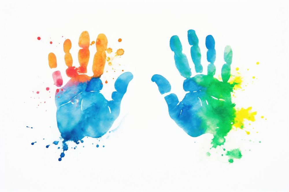 Colorful two hand print paint white background creativity.