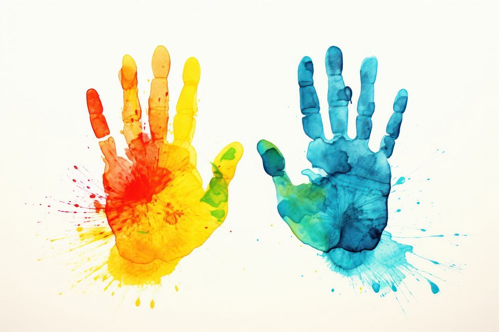 Colorful two hand print backgrounds paint white background.