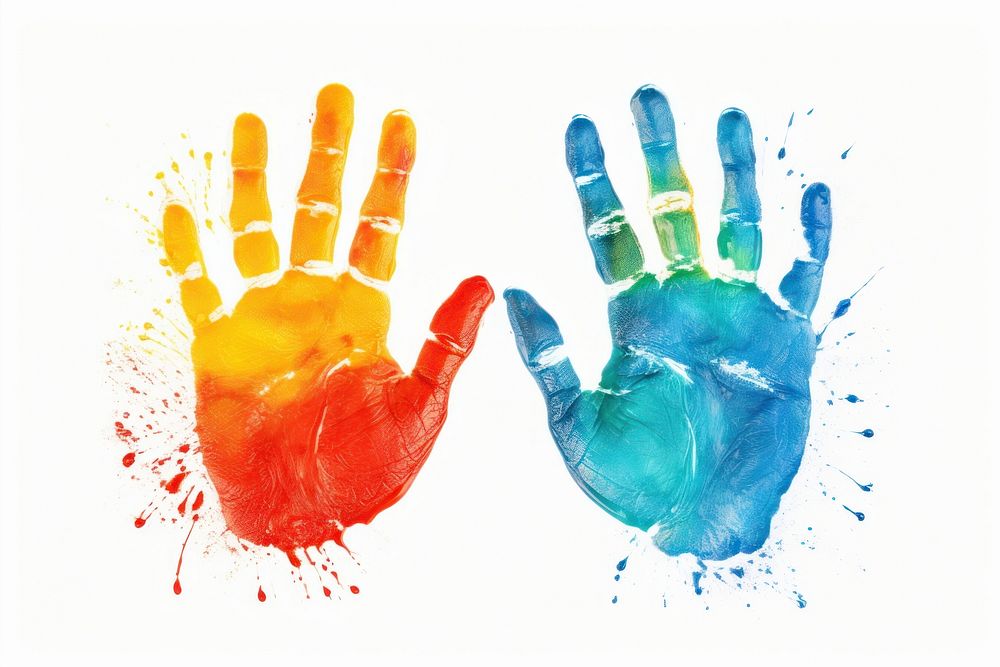 Colorful two hand print paint white background creativity.