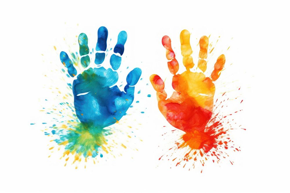 Colorful two hand print painting art white background.