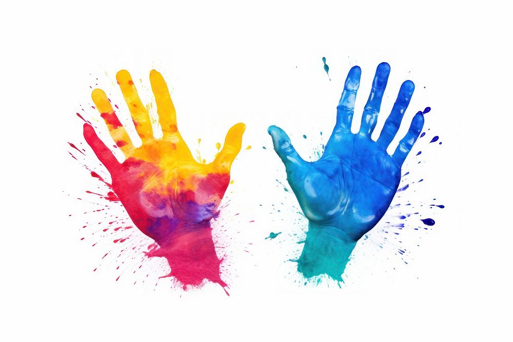 Colorful two hand print finger paint white background.