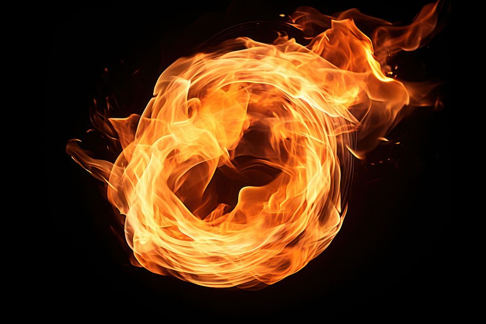 Fireball of realistic burning flames illuminated fireplace darkness.