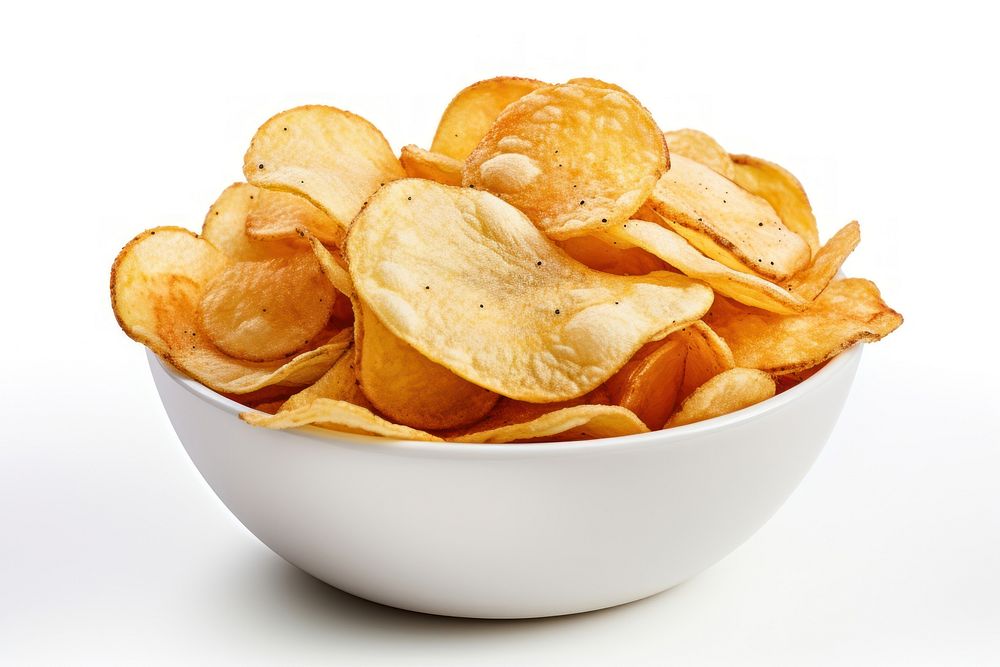 Potato chips in bowl snack food white background.