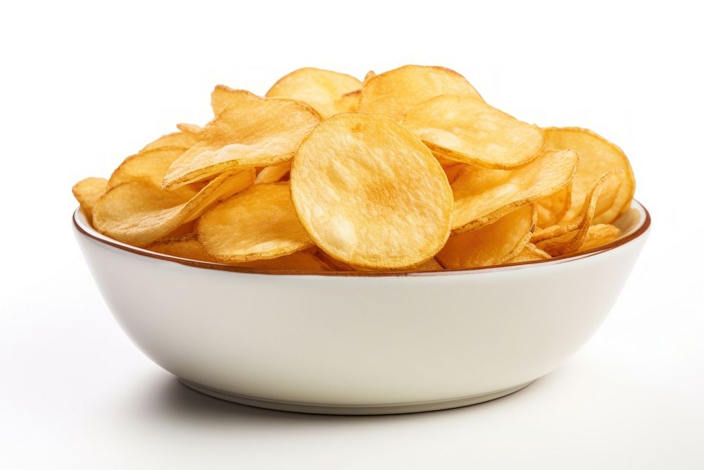 Potato chips in bowl food white background breakfast.