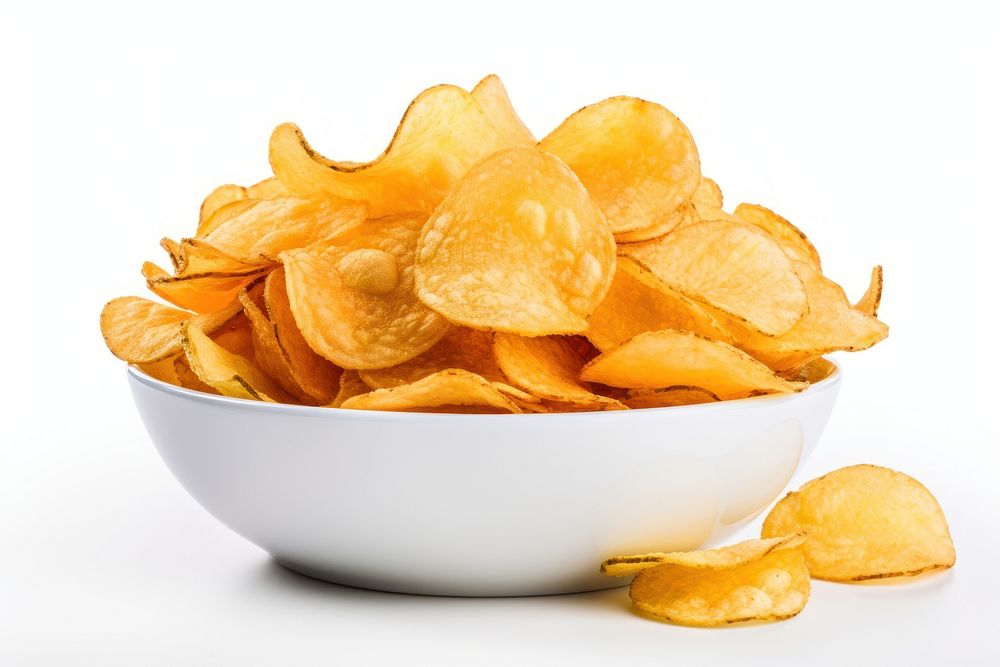 Potato chips in bowl food white background freshness.