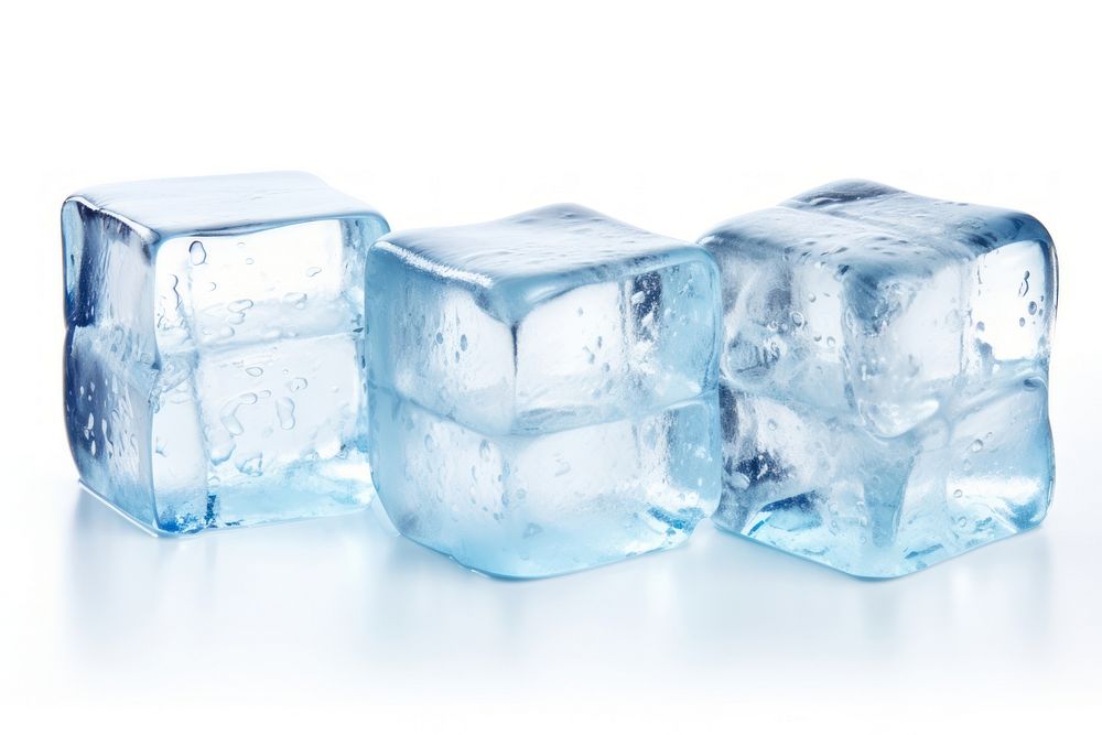 Three ice cubes crystal white background freezing.