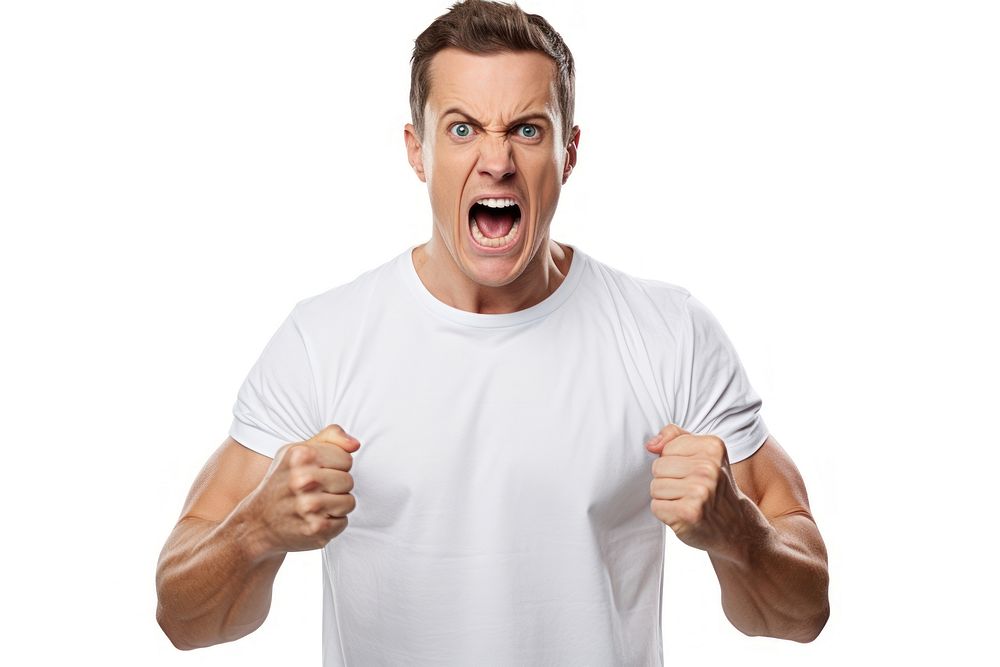 Young handsome caucasian man shouting adult white background.