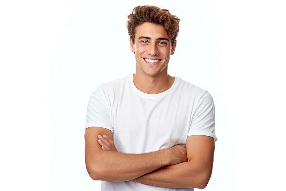 Young handsome caucasian man smile portrait t-shirt.