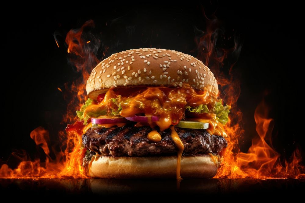 Burger fire flame food.