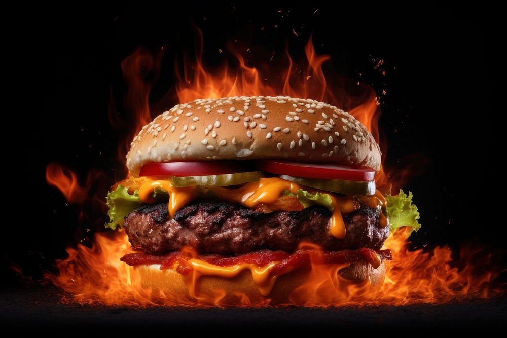Burger food fire black background.