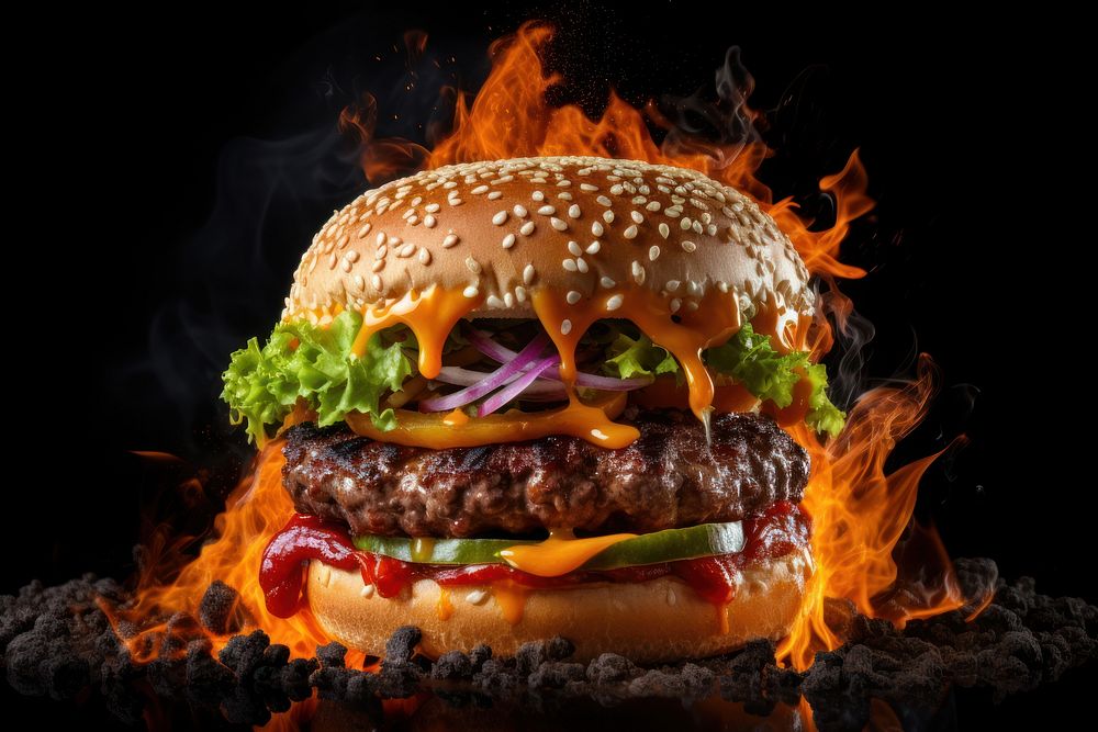 Burger food fire black background.