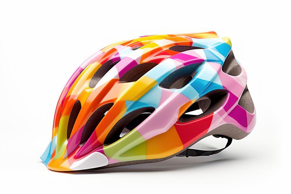Colorful bicycle helmet white background protection headwear.