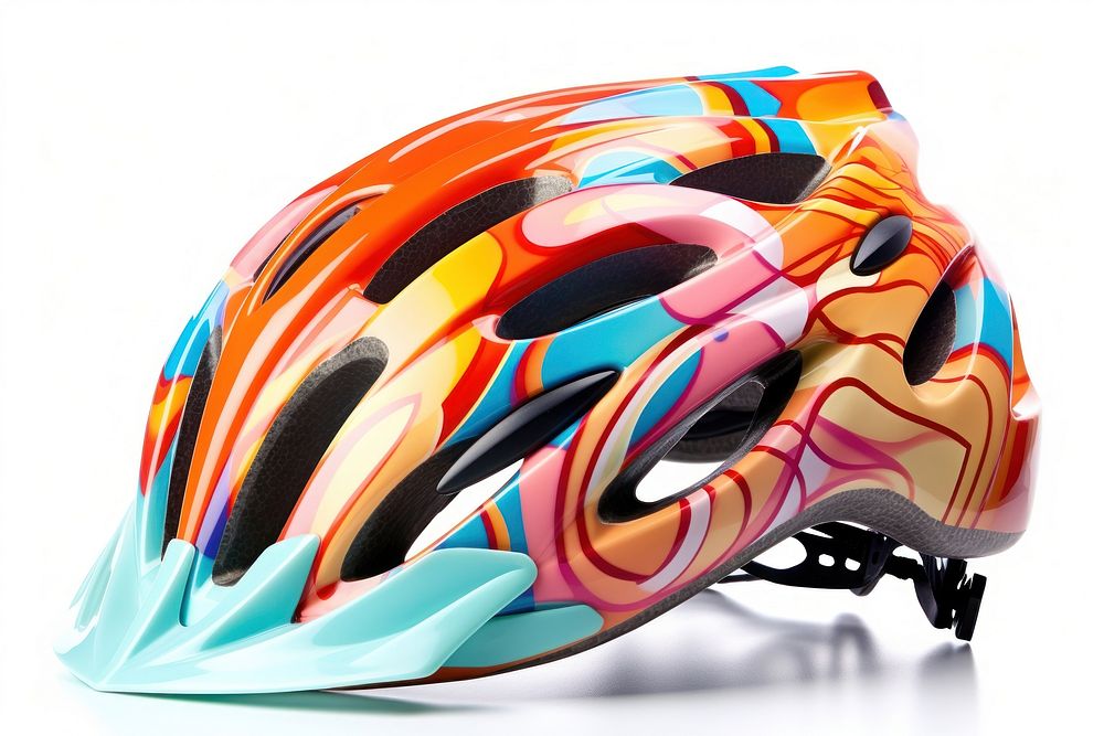 Colorful bicycle helmet white background protection headgear.