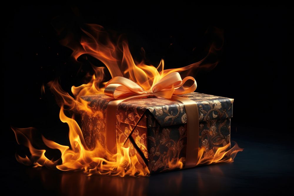 Gift box fire flame black background.