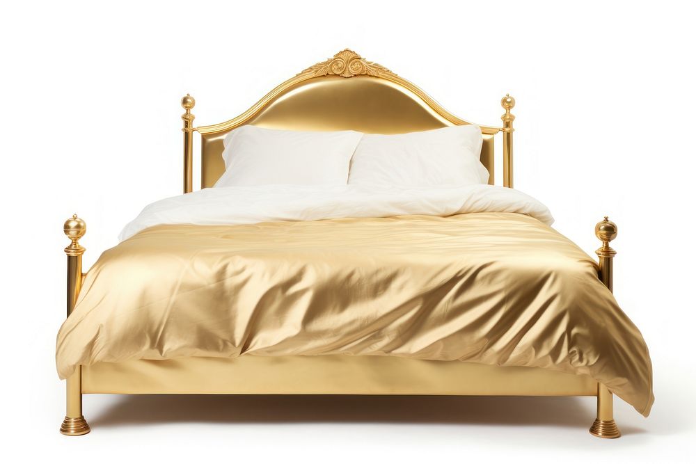 Gold bed furniture bedroom white background.