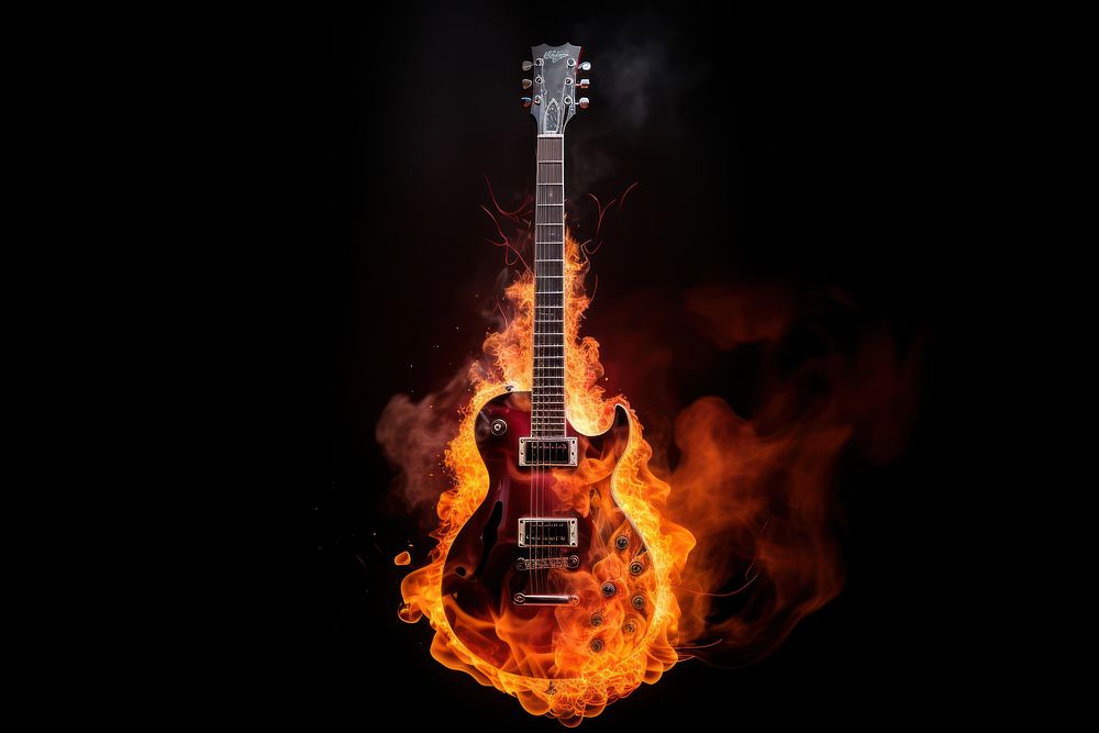 Guitar fire flame black background.